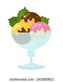 Delicious icecream flat vector illustration. Sweet gelato balls with chocolate and fruity icing in glass cup. Sweet fruit flavored vanilla ice cream. Restaurant dessert menu item. Tasty confection