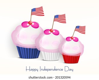 Delicious ice-cream with national flags on white background for American Independence Day celebrations.  
