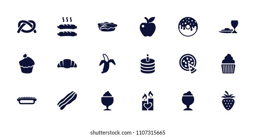 Köstliches Symbol. Ansammlung von 18 köstlich gefüllten Icons wie Donut, Milchshake, Croissant, Kuchen, Apfel, Banane, Muffin. essbare leckere Icons für Web und Mobile.