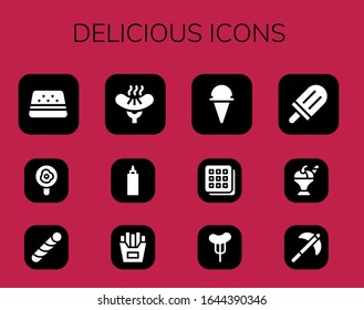 delicious icon set. 12 filled delicious icons. Included Watermelon, Fried egg, Stick candy, Sausage, Sauce, French fries, Ice cream, Waffle, Popsicle, Pick icons