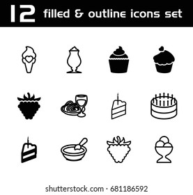 Delicious icon. set of 12 delicious filled and outline icons such as muffin, raspberry, piece of cake, porridge, ice cream ball, milkshake, pasta and wine glass, ice cream