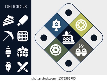 delicious icon set. 13 filled delicious icons.  Simple modern icons about  - Cake, Sundae, Chocolate, Ice cream, Pick, Waffle, Mangosteen, Donut, Cupcake