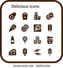 delicious icon set. 16 filled delicious icons.  Simple modern icons about  - Avocado, French fries, Diary product, Cookie, Ice cream, Biscuit, Pizza, Popsicle, Ketchup bottle
