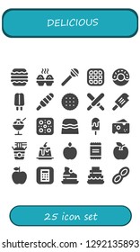  delicious icon set. 25 filled delicious icons. Simple modern icons about  - Macaron, Cupcake, Lollipop, Waffle, Donut, Popsicle, Biscuit, Chocolate, Ice cream, Pizza, Candy, Cheese