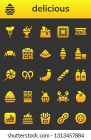 delicious icon set. 26 filled delicious icons.  Collection Of - Sausage, Powder, Ice cream, Pancake, Waffle, Smore, Croissant, Candy shop, Watermelon, Whiskey, Lollipop, Pretzel