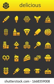 Delicious Icon Set. 26 Filled Delicious Icons. Included Popsicle, Dragon Fruit, Ice Cream, Caviar, Sausage, Creme Caramel, Peanut, Whiskey, Crepe, Watermelon, Diary Product Icons