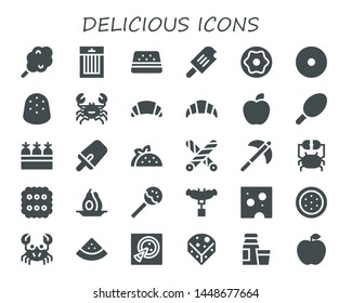 delicious icon set. 30 filled delicious icons.  Collection Of - Cotton candy, Treats, Watermelon, Ice cream, Donut, Gumdrop, Crab, Croissant, Apple, Carrots, Popsicle, Taco, Liquorice
