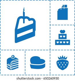 Delicious icon. set of 6 delicious filled icons such as piece of cake, strawberry, heart cake, chocolate
