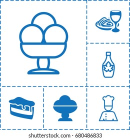 Delicious icon. set of 6 delicious filled and outline icons such as piece of cake, pasta and wine glass, maple syrup, chef