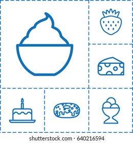 Delicious icon. set of 6 delicious outline icons such as cheese, cake with one candle, donut, ice cream ball, milkshake