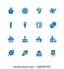 delicious icon set. Collection of 16 filled delicious icons included Cream, Cupcake, Ice cream, Cotton candy, Whiskey, Birthday cake, Cake, Sausage, Salmon, Pizza, Pie, Apple