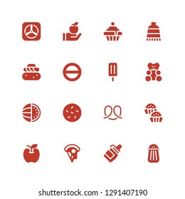 delicious icon set. Collection of 16 filled delicious icons included Salt, Sauce, Pizza, Apple, Bonbon, Pretzel, Cookie, Watermelon, Gummy bear, Ice lolly, Semla, Cream, Cupcake