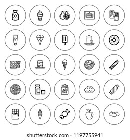Delicious icon set. collection of 25 outline delicious icons with apple, candy, cake, chip, chocolate, cream, donut, doughnut, ice cream, ice lolly icons. editable icons.
