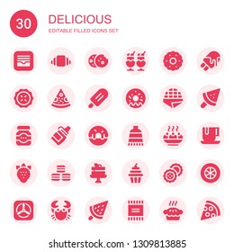 delicious icon set. Collection of 30 filled delicious icons included Apple, Croissant, Cookies, Ice cream, Biscuit, Pie, Pizza, Popsicle, Doughnut, Stroopwafel, Jam, Sauce, Donut