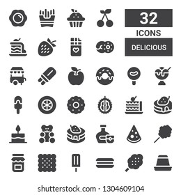 delicious icon set. Collection of 32 filled delicious icons included Creme caramel, Cotton candy, Cookie, Ice lolly, Biscuit, Jam, Pizza, Whiskey, Pancake, Gummy bear, Cake, Durian