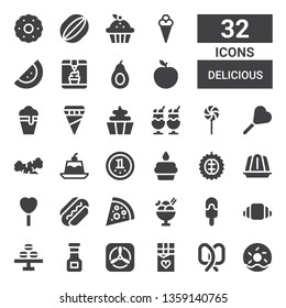 delicious icon set. Collection of 32 filled delicious icons included Doughnut, Pretzel, Chocolate, Apple, Sauce, Macaron, Croissant, Ice cream, Pizza, Sausage, Lollipop, Jelly