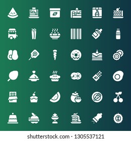 delicious icon set. Collection of 36 filled delicious icons included Durian, Salt, Cake, Ice cream, Apple, Dessert, Cherry, Carrot, Mangosteen, Watermelon, Cupcake, Chocolate