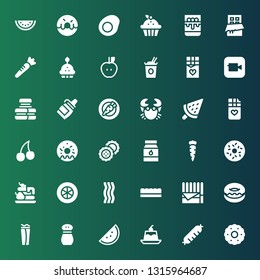 delicious icon set. Collection of 36 filled delicious icons included Biscuit, Sausage, Jelly, Watermelon, Salt, Wrap, Donut, Chocolate, Chocolate bar, Bacon, Tomato slice, Waffle
