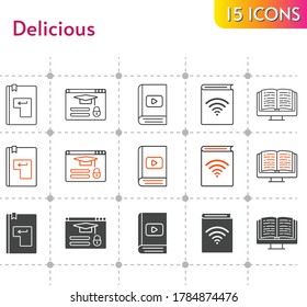 delicious icon set. included audiobook, ebook, enter, login icons on white background. linear, bicolor, filled styles.