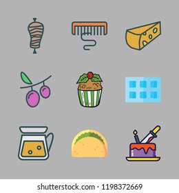 delicious icon set. vector set about cake, taco, cheese and kebab icons set.