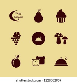 delicious icon. delicious vector icons set bread slices, peach, pear and mushrooms