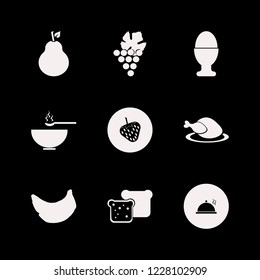 delicious icon. delicious vector icons set egg cup, hot chicken, strawberry and pear