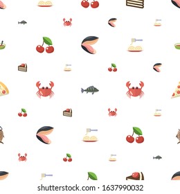 delicious icons pattern seamless. Included editable flat mussel, perch, dessert, cherry, crab, Pasta, Pizza, smoked fish, Soup icons. delicious icons for web and mobile.
