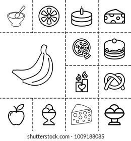 Delicious icons. set of 13 editable outline delicious icons such as cheese, ice cream, pretzel, cake, ice cream ball, apple, lemon, candle heart, pizza, banana