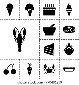 Delicious icons. set of 13 editable filled delicious icons such as cauliflower, crab, cherry, ice cream, donut, strawberry, cake, pie, bowl