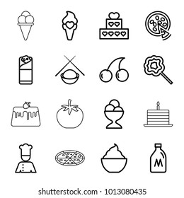 Delicious icons. set of 16 editable outline delicious icons such as milk can, cherry, cake, ice cream ball, milkshake, burrito, lollipop, ice cream, pizza, chef, asian food