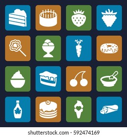 delicious icons set. Set of 16 delicious filled icons such as porridge, Cherry, cake, wrap sandwich, piece of cake, donut, ice cream ball, maple syrup, milkshake, lollipop