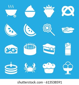 Delicious icons set. set of 16 delicious filled icons such as cheese, crab, cake, piece of cake, milkshake, burrito, pie, lollipop, raspberry, watermelon, ice cream, barbeque