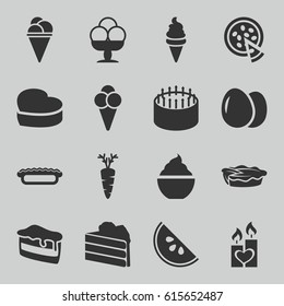 Delicious icons set. set of 16 delicious filled icons such as egg, cake, piece of cake, ice cream, milkshake, pie, carrot, heart cake, candle heart, pizza