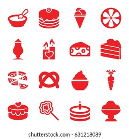 Delicious icons set. set of 16 delicious filled icons such as cheese, porridge, ice cream, cake, pizza, milkshake, lollipop, carrot, lemon, heart lock, candle heart