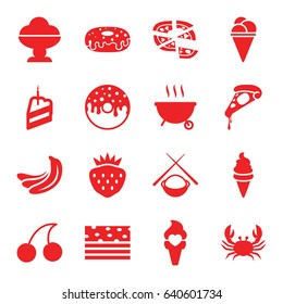 Delicious icons set. set of 16 delicious filled icons such as banana, crab, cherry, pizza, ice cream, donut, strawberry, piece of cake, asian food