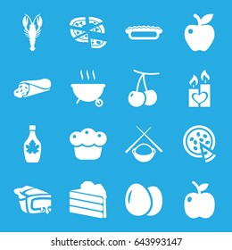 Delicious icons set. set of 16 delicious filled icons such as egg, cherry, crab, wrap sandwich, pizza, maple syrup, pie, apple, candle heart, asian food, barbeque