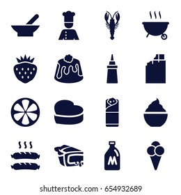 Delicious icons set. set of 16 delicious filled icons such as bowl, milk can, crab, ketchup, milkshake, burrito, pie, strawberry, lemon, heart cake, sausage, ice cream, chef