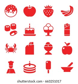 Delicious icons set. set of 16 delicious filled icons such as bowl, banana, apple, crab, cake with one candle, donut, ice cream ball, burrito, strawberry, cake, chef, sushi