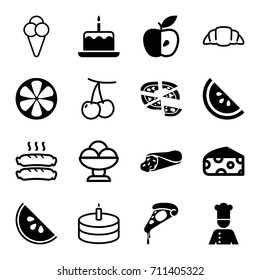 Delicious icons set. set of 16 delicious filled and outline icons such as cheese, cake with one candle, wrap sandwich, pizza, apple, lemon, chef, watermelon, cherry, croissant