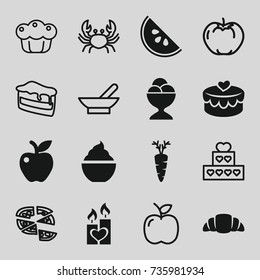 Delicious icons set. set of 16 delicious filled and outline icons such as ice cream ball, milkshake, croissant, apple, carrot, heart lock, candle heart, watermelon, crab, bowl