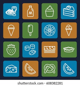 Delicious icons set. set of 16 delicious outline icons such as milk can, cheese, ice cream, pie, muffin, pasta and wine glass, strawberry, lemon, sushi, watermelon, cake