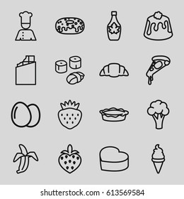 Delicious icons set. set of 16 delicious outline icons such as egg, cauliflower, pizza, ice cream, donut, maple syrup, croissant, pie, strawberry, banana, heart cake, chef