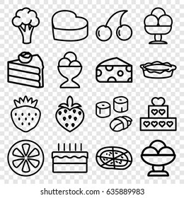 Delicious icons set. set of 16 delicious outline icons such as cauliflower, cheese, cherry, ice cream ball, pizza, pie, strawberry, lemon, heart cake, cake, sushi