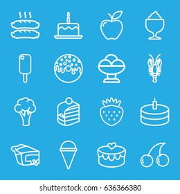 Delicious icons set. set of 16 delicious outline icons such as crab, cauliflower, cake with one candle, cherry, ice cream, piece of cake, donut, milkshake, pie, apple