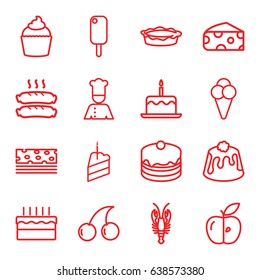 Delicious icons set. set of 16 delicious outline icons such as crab, cheese, cake with one candle, cherry, cake, pie, muffin, apple, piece of cake, sausage, ice cream