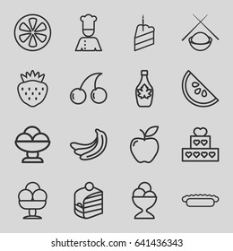 Delicious icons set. set of 16 delicious outline icons such as banana, cherry, piece of cake, ice cream ball, maple syrup, apple, strawberry, lemon, pie, chef, asian food