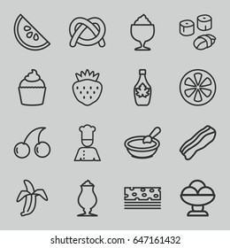 Delicious icons set. set of 16 delicious outline icons such as porridge, cherry, maple syrup, milkshake, muffin, strawberry, lemon, banana, chef, bacon, sushi, watermelon