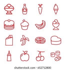 Delicious icons set. set of 16 delicious outline icons such as cherry, banana, ice cream, ketchup, cake, ice cream ball, maple syrup, pizza, carrot, heart cake, muffin, sushi