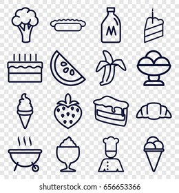 Delicious icons set. set of 16 delicious outline icons such as milk can, cauliflower, piece of cake, ice cream, milkshake, croissant, banana, strawberry, cake, pie, chef