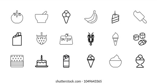 Delicious icons. set of 18 editable outline delicious icons: crab, cake with one candle, chocolate, ice cream, ice cream ball, burrito, piece of cake, sushi, bowl, banana
